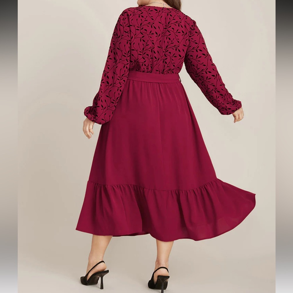 Plant Print Lantern Sleeve Pocket Belted Ruffles Hem Dress - Picture 3 of 5